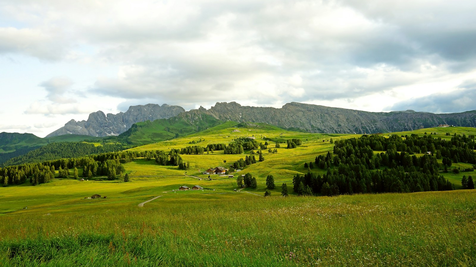 Panorámica ilustrativa de valle verde, río y montañas